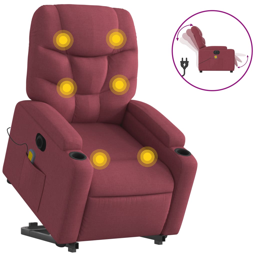Elektrické Zvedací Masážní Polohovací Křeslo Vínové Textil Vínová Červená
