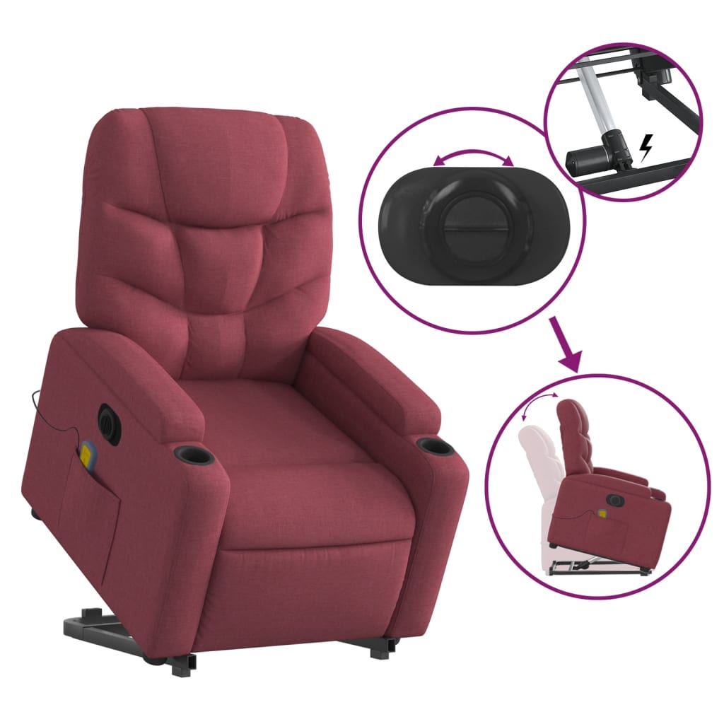 Elektrické Zvedací Masážní Polohovací Křeslo Vínové Textil Vínová Červená