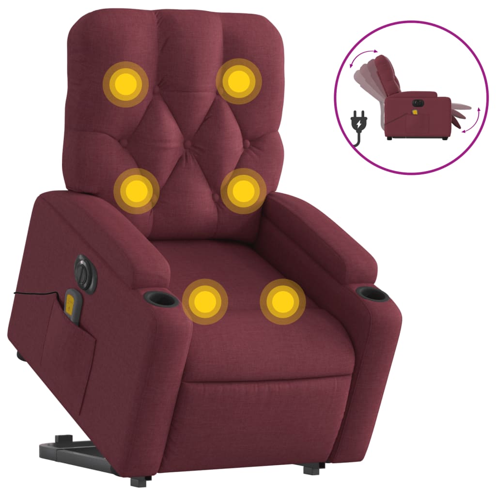 Elektrické Zvedací Masážní Polohovací Křeslo Vínové Textil Vínová Červená