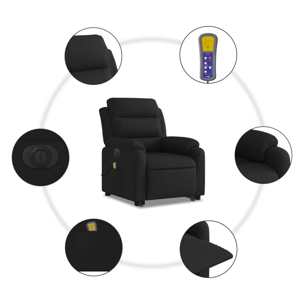 Elektrické Zvedací Masážní Polohovací Křeslo Černé Textil Černá