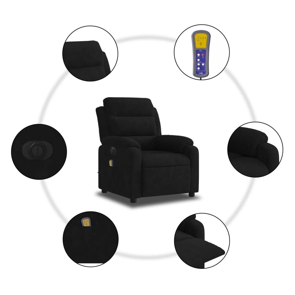 Elektrické Masážní Polohovací Křeslo Černé Samet Černá
