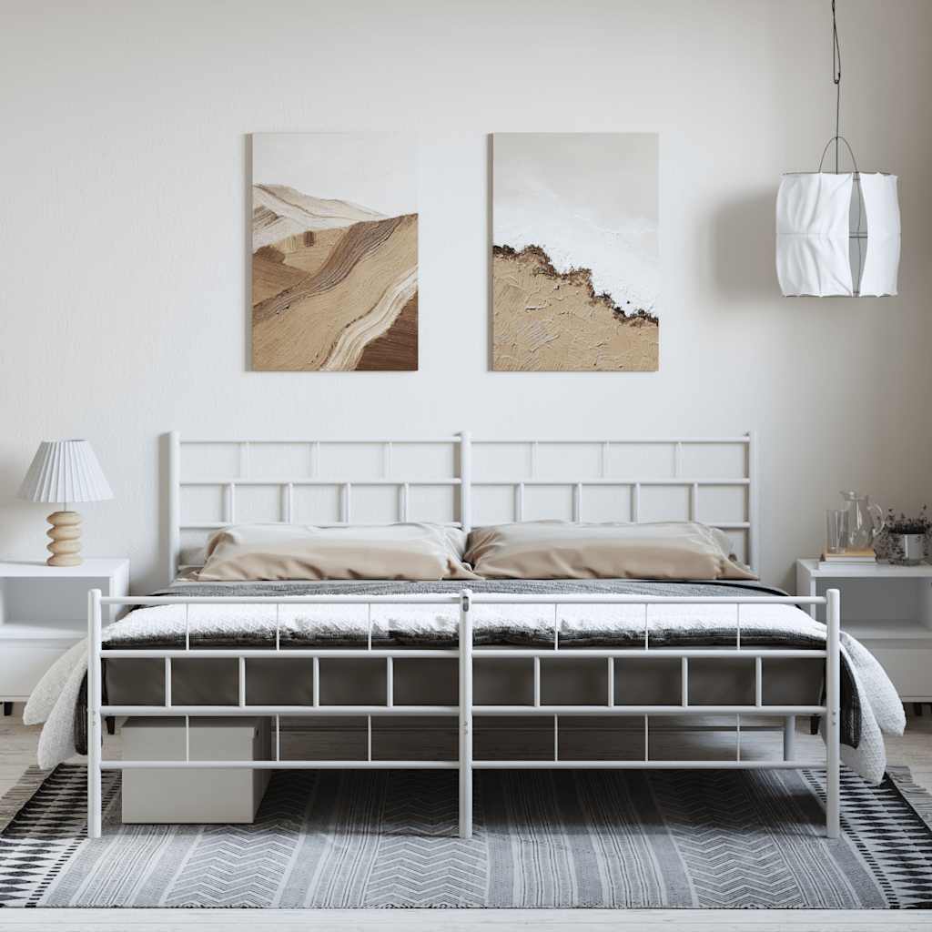 Kovový Rám Postele S Hlavovým A Nožním Čelem Bílý 183 X 213 Cm