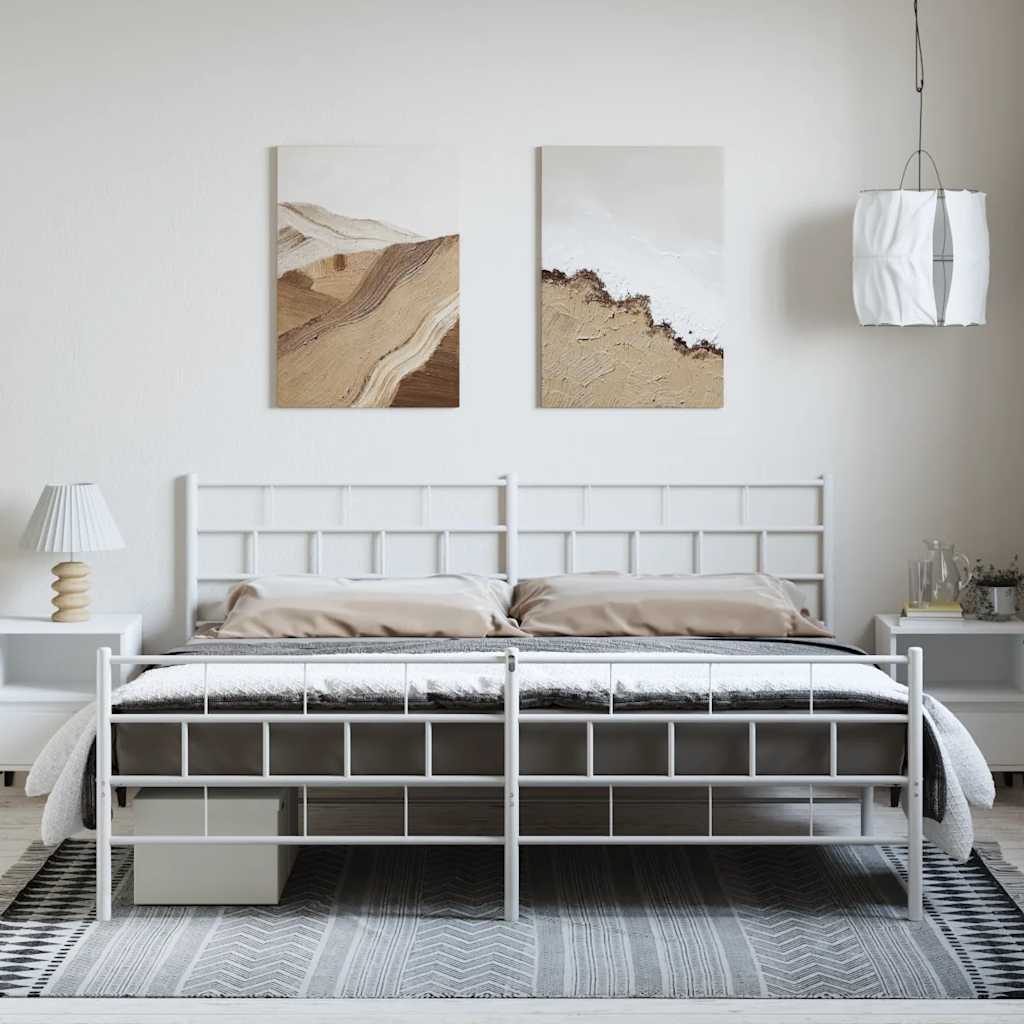 Kovový Rám Postele S Hlavovým A Nožním Čelem Bílý 193 X 203 Cm