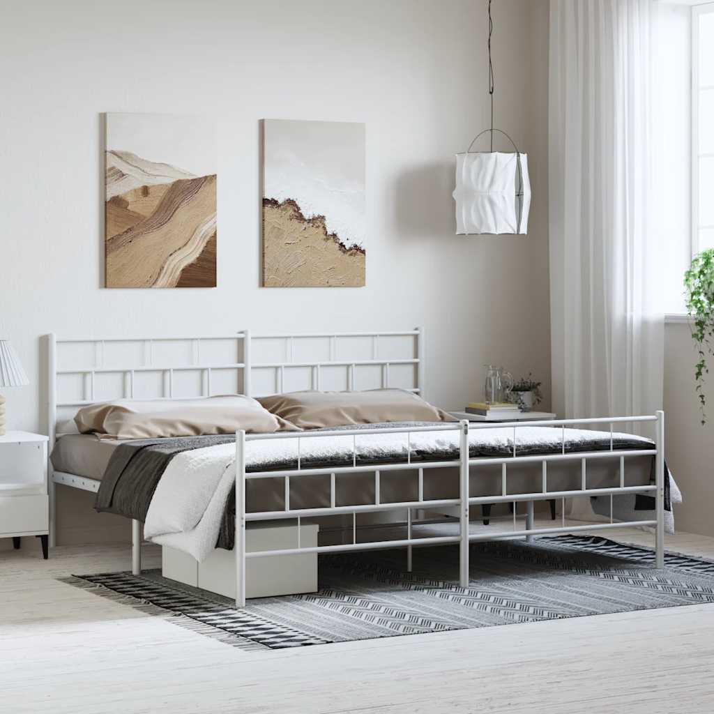 Kovový Rám Postele S Hlavovým A Nožním Čelem Bílý 193 X 203 Cm