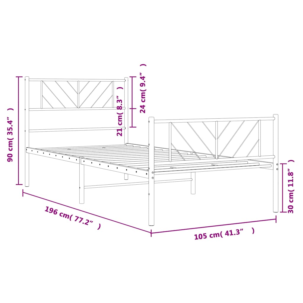 Kovový Rám Postele S Hlavovým A Nožním Čelem Bílý 100 X 190 Cm