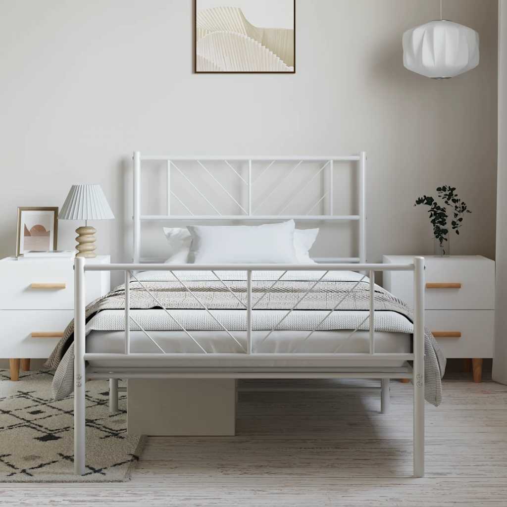 Kovový Rám Postele S Hlavovým A Nožním Čelem Bílý 100 X 190 Cm
