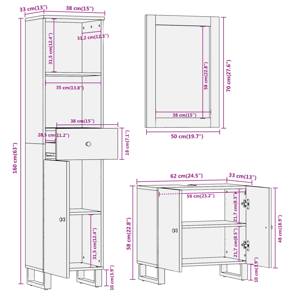 3Dílná Koupelnová Sestava Hnědá A Černá Masivní Mangovník
