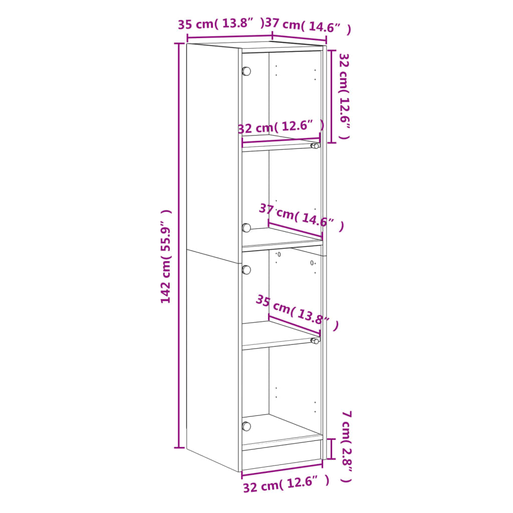 Highboard Se Skleněnými Dvířky 35 X 37 X 142 Cm