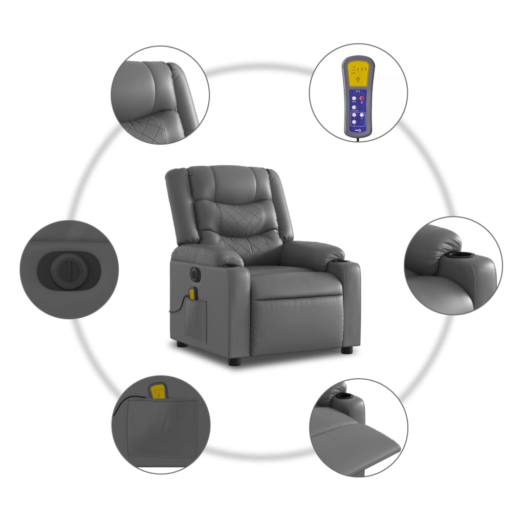Elektrické Masážní Polohovací Křeslo Šedé Umělá Kůže Šedá