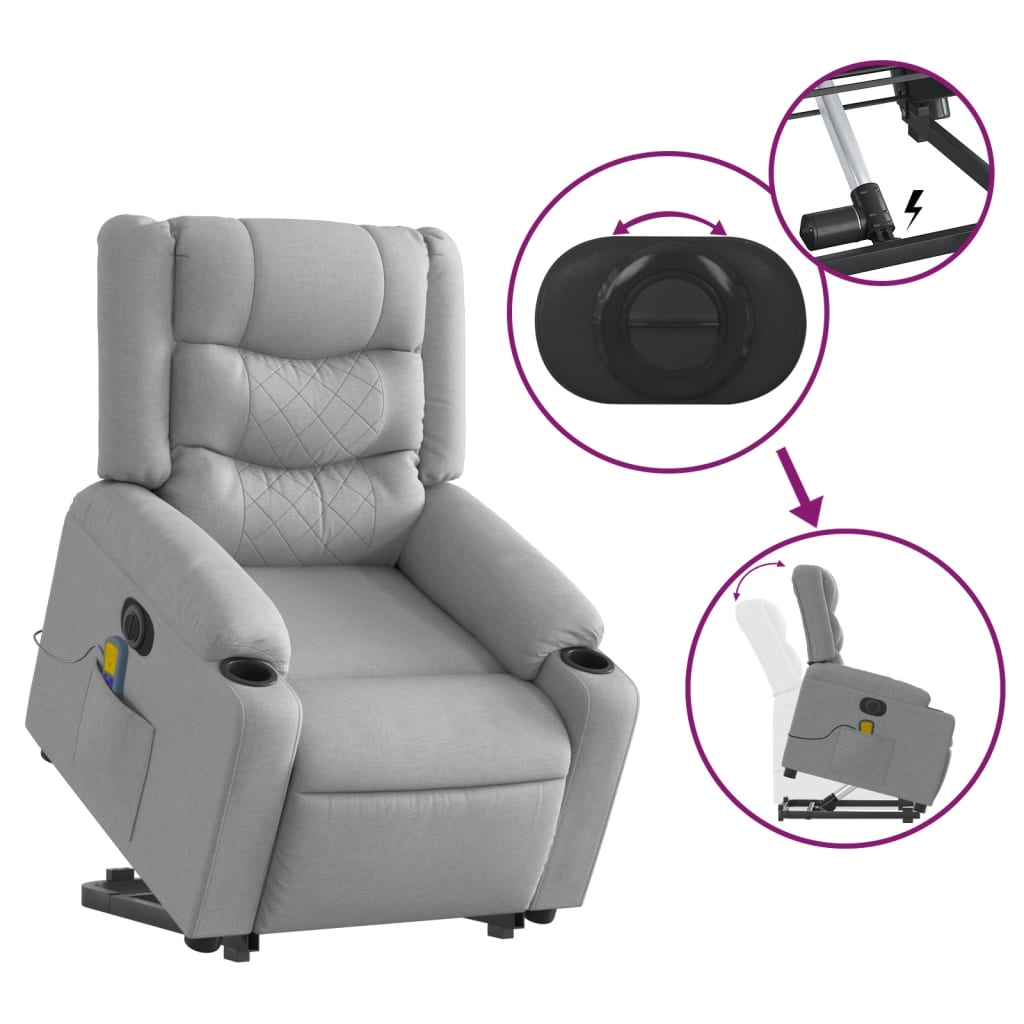 Elektrické Zvedací Masážní Polohovací Křeslo Světle Šedé Textil Světle Šedá