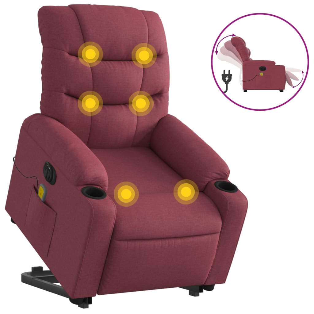 Elektrické Zvedací Masážní Polohovací Křeslo Vínové Textil Vínová Červená