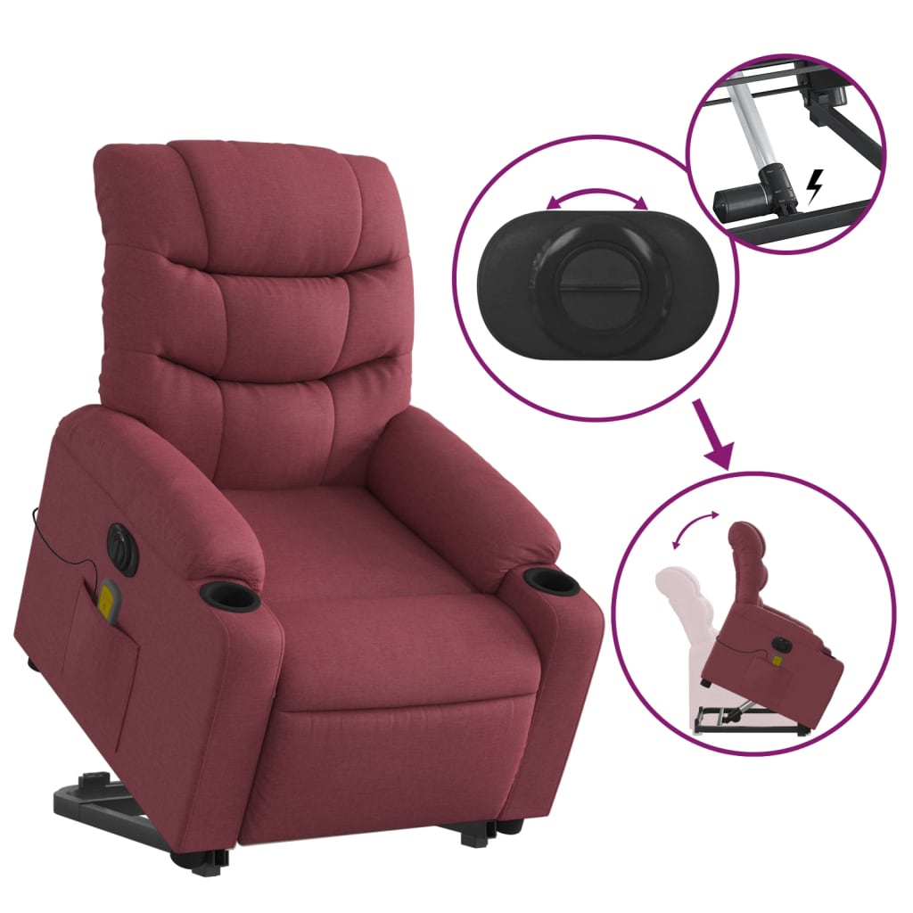 Elektrické Zvedací Masážní Polohovací Křeslo Vínové Textil Vínová Červená