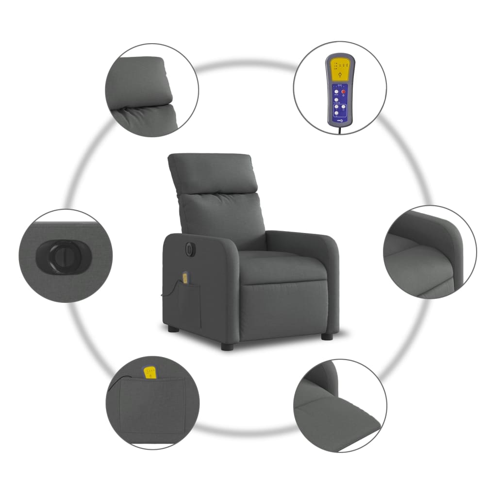 Elektrické Masážní Polohovací Křeslo Tmavě Šedé Textil Tmavě Šedá