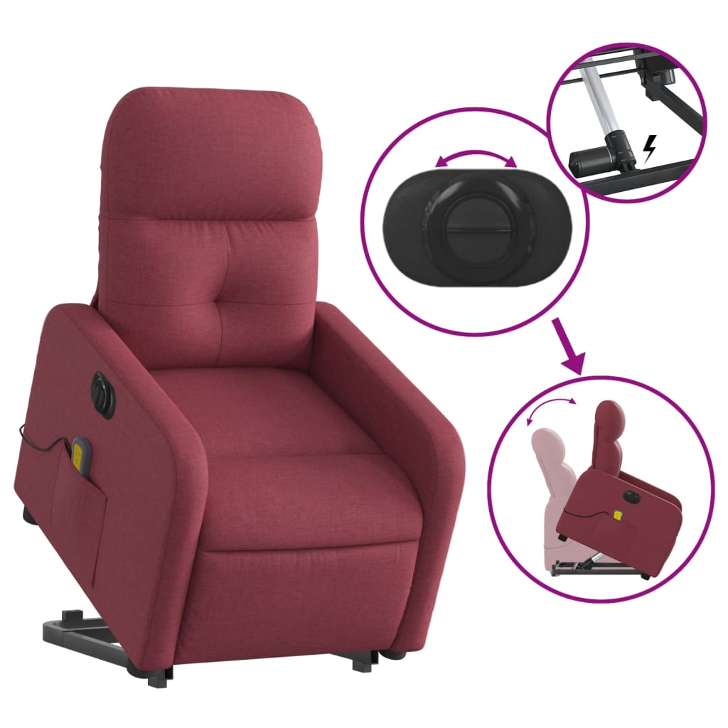 Elektrické Zvedací Masážní Polohovací Křeslo Vínové Textil Vínová Červená