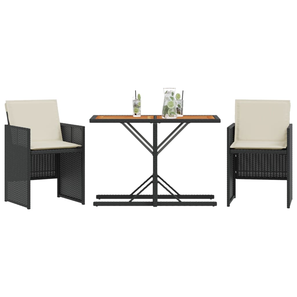3Dílný Bistro Set S Poduškami Černý Polyratan