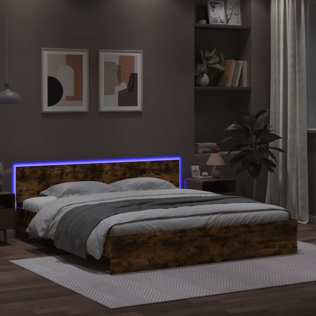Rám Postele S Čelem A Led Osvětlením Kouřový Dub 200 X 200 Cm