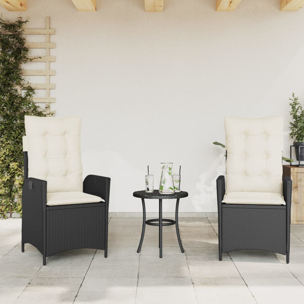3Dílný Bistro Set S Poduškami Černý Polyratan