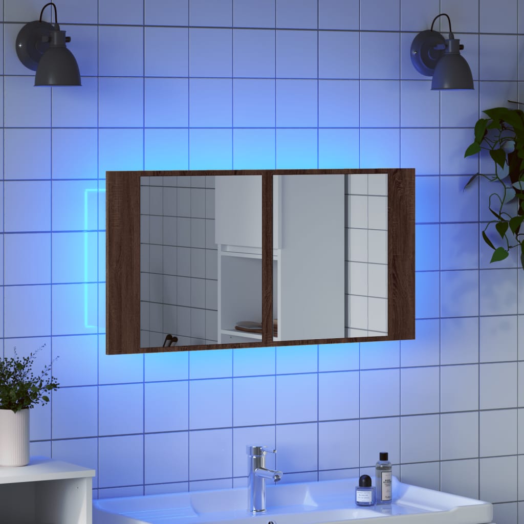 Led Koupelnová Skříňka Se Zrcadlem Hnědý Dub 90X12X45 Cm Akryl