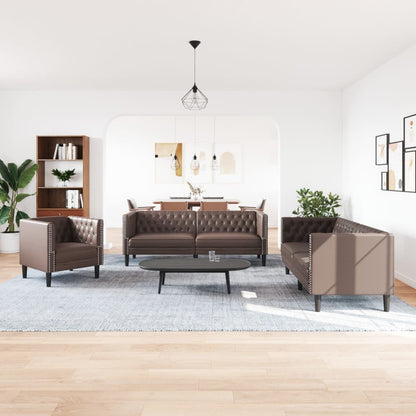 3Dílná Sedací Souprava Chesterfield Hnědá Umělá Kůže