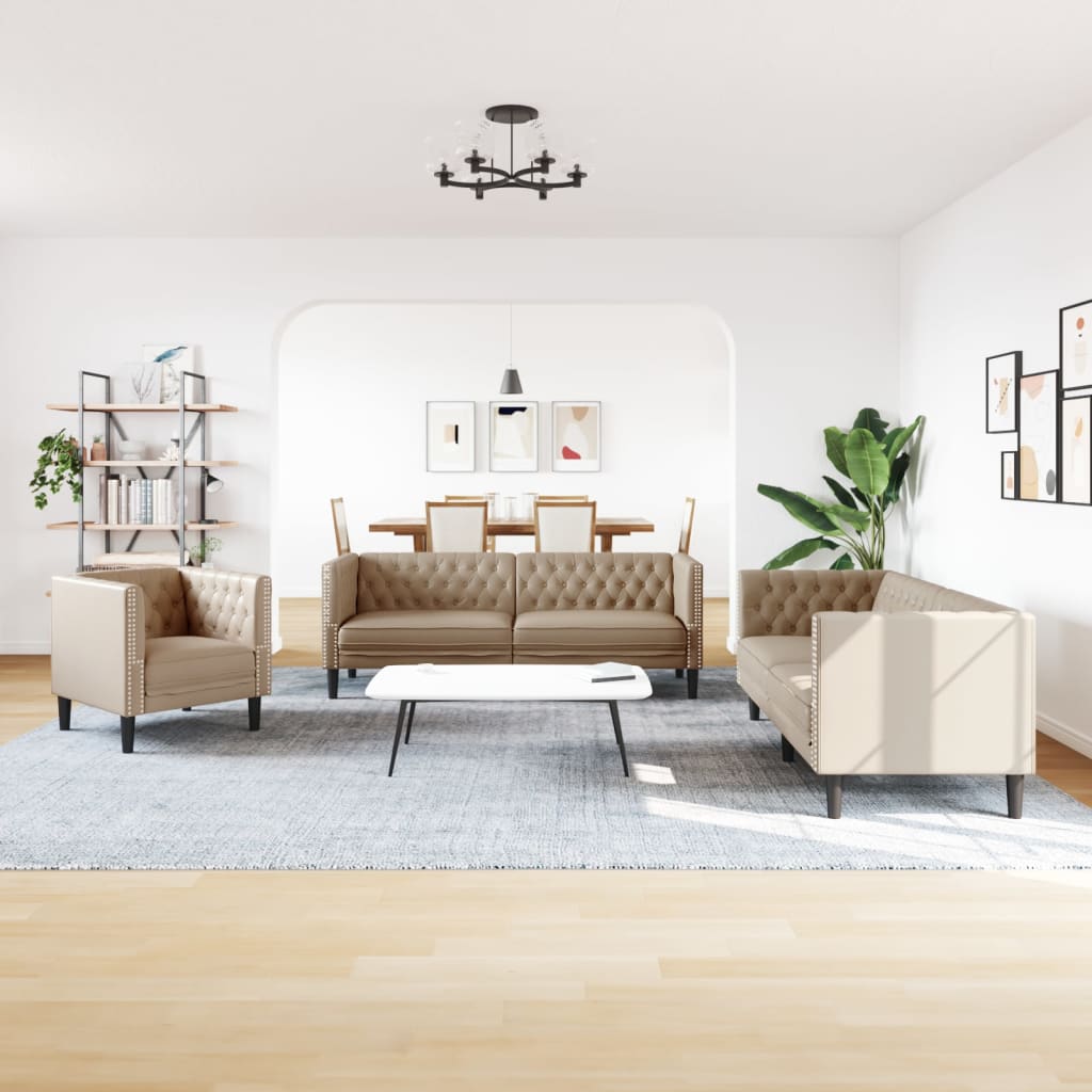 3Dílná Sedací Souprava Chesterfield Cappuccino Umělá Kůže