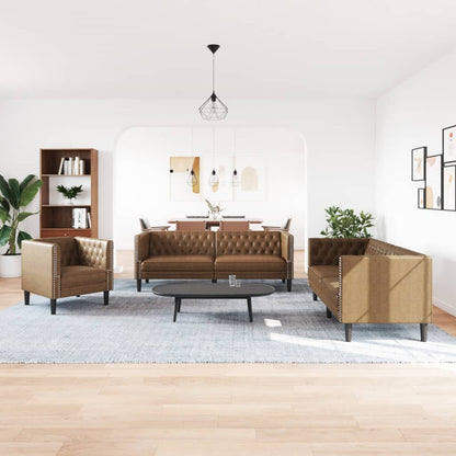 3Dílná Sedací Souprava Chesterfield Hnědá Umělá Semišová Kůže