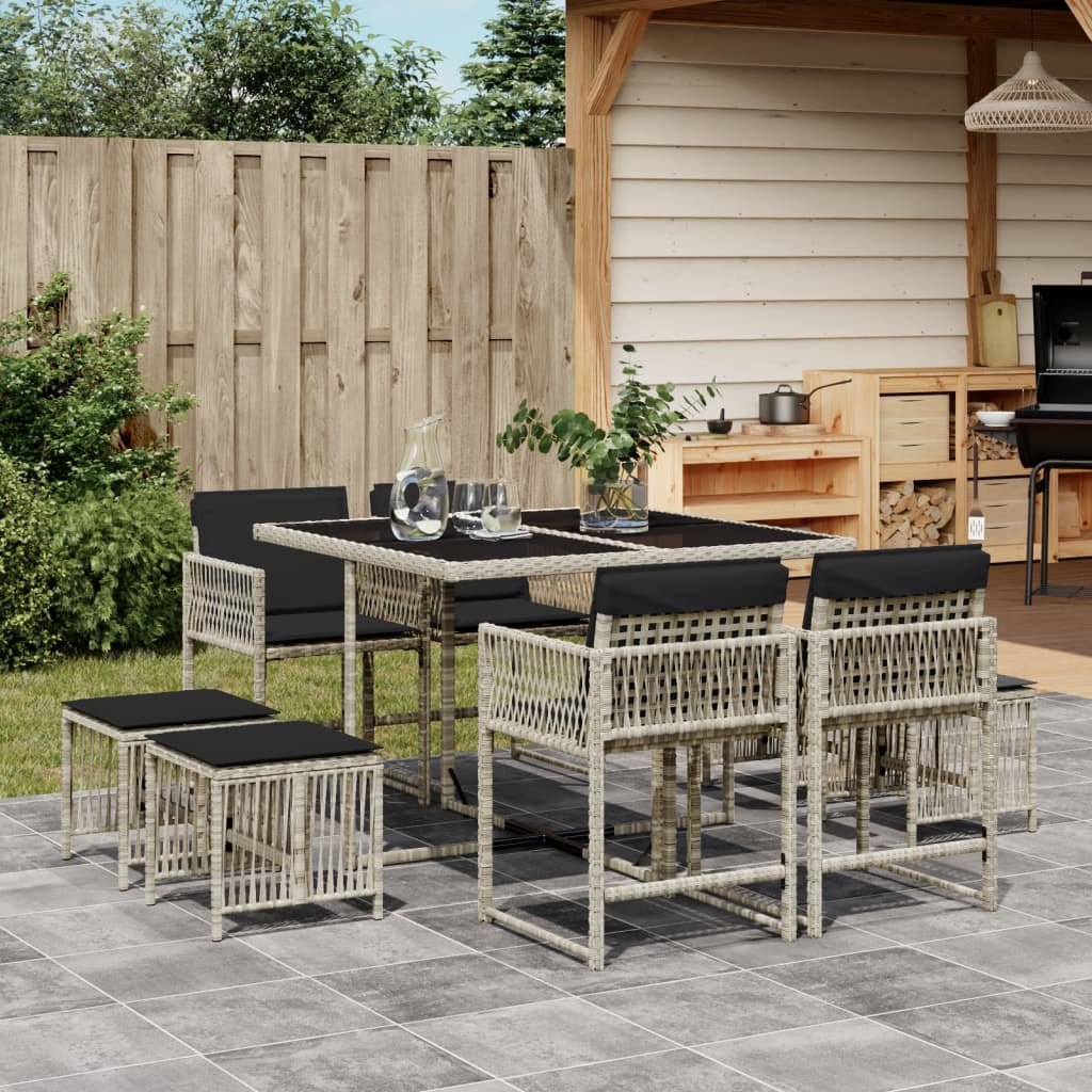 9Dílný Zahradní Jídelní Set S Poduškami Světle Šedý Polyratan