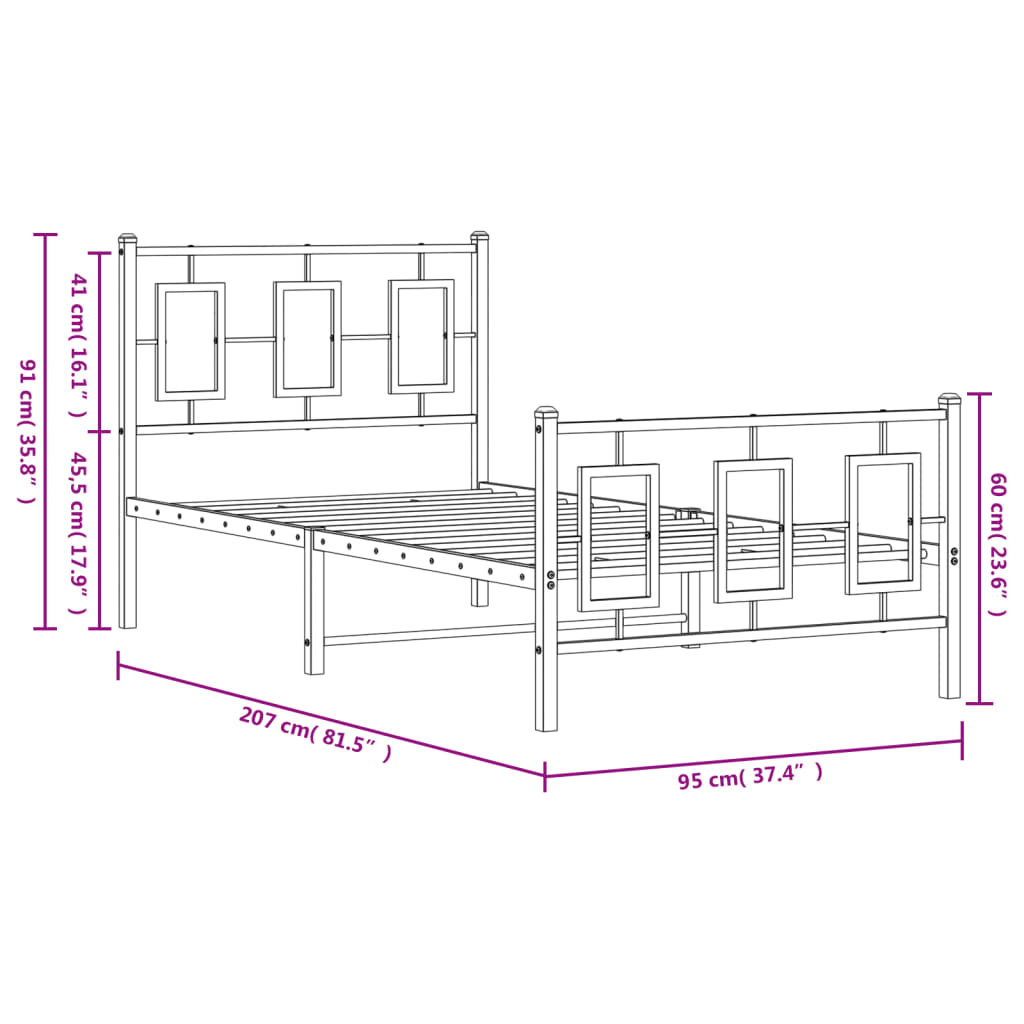 Kovový Rám Postele S Hlavovým A Nožním Čelem Bílý 90 X 200 Cm