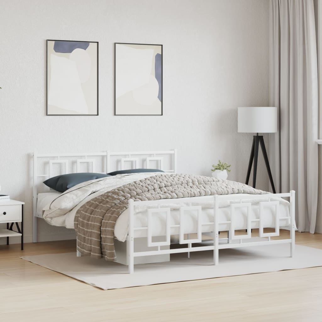 Kovový Rám Postele S Hlavovým A Nožním Čelem Bílý 150 X 200 Cm