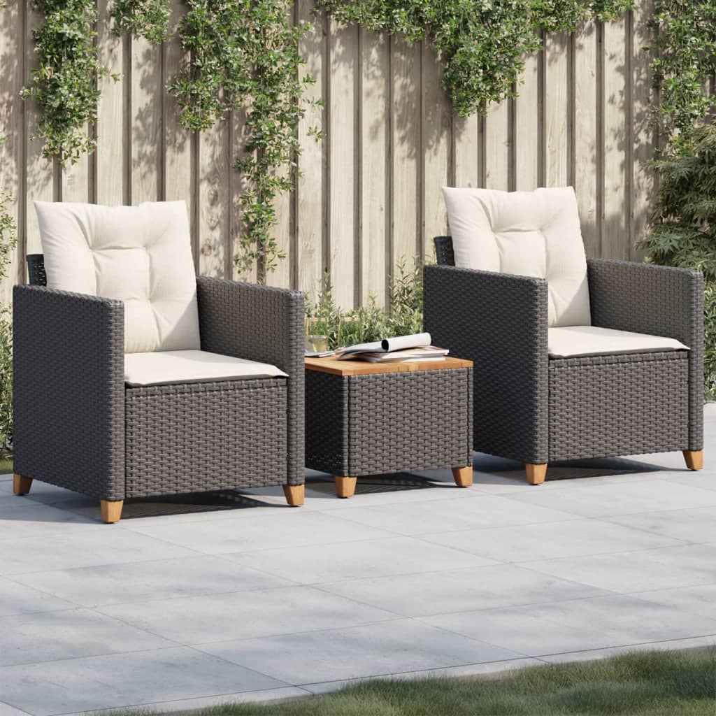 3Dílný Bistro Set S Poduškami Černý Polyratan Akáciové Dřevo