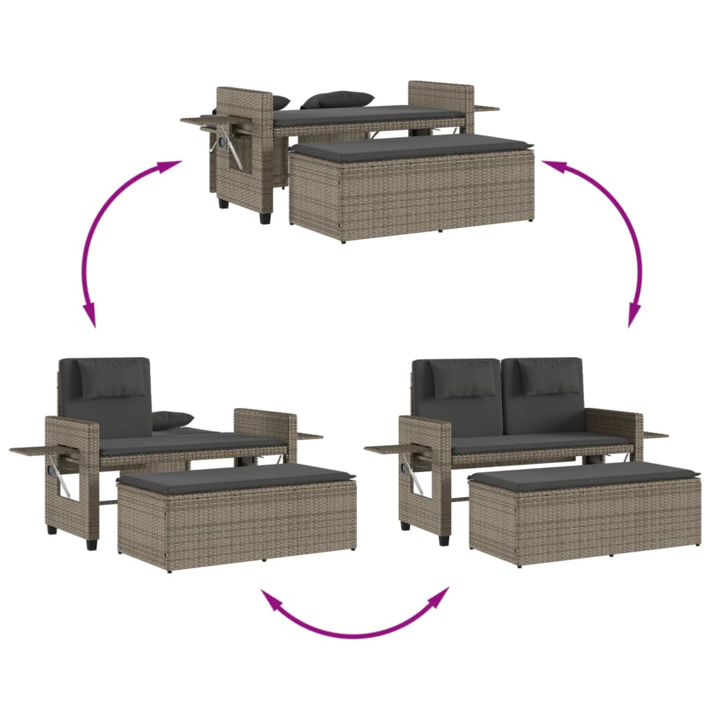 Polohovací Zahradní Lavice S Poduškami Šedá Polyratan