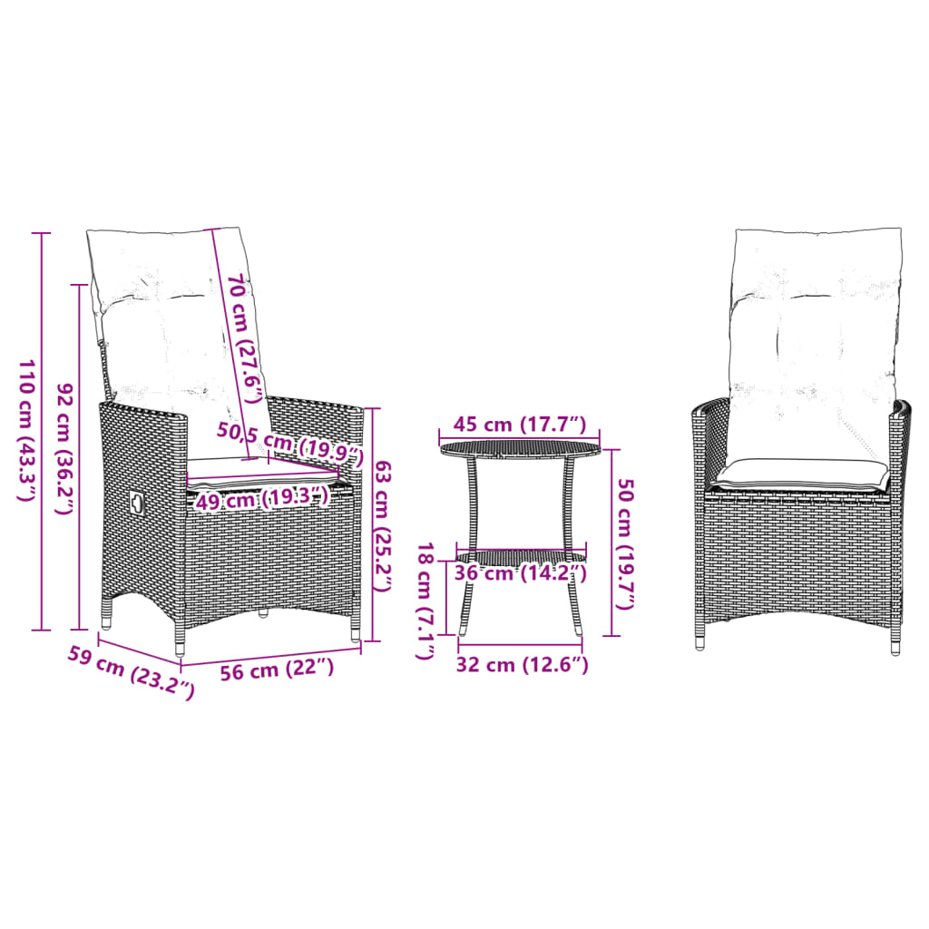 3Dílný Bistro Set S Poduškami Černý Černá A Krémová