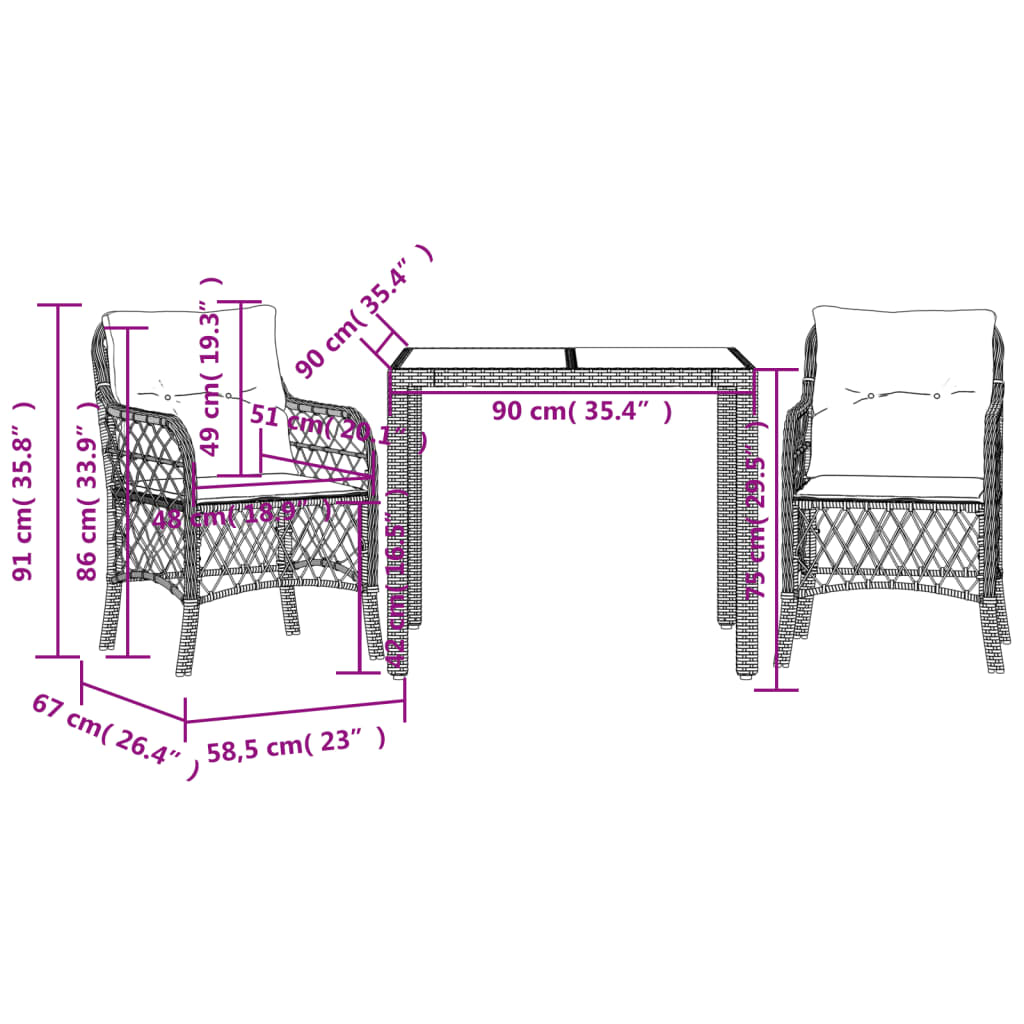 3Dílný Bistro Set S Poduškami Černý Polyratan