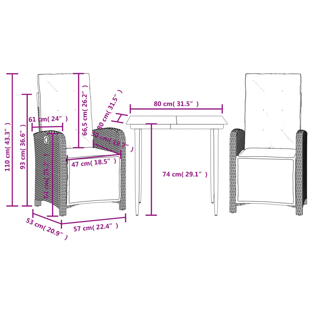 3Dílný Bistro Set S Poduškami Béžový Polyratan Šedá