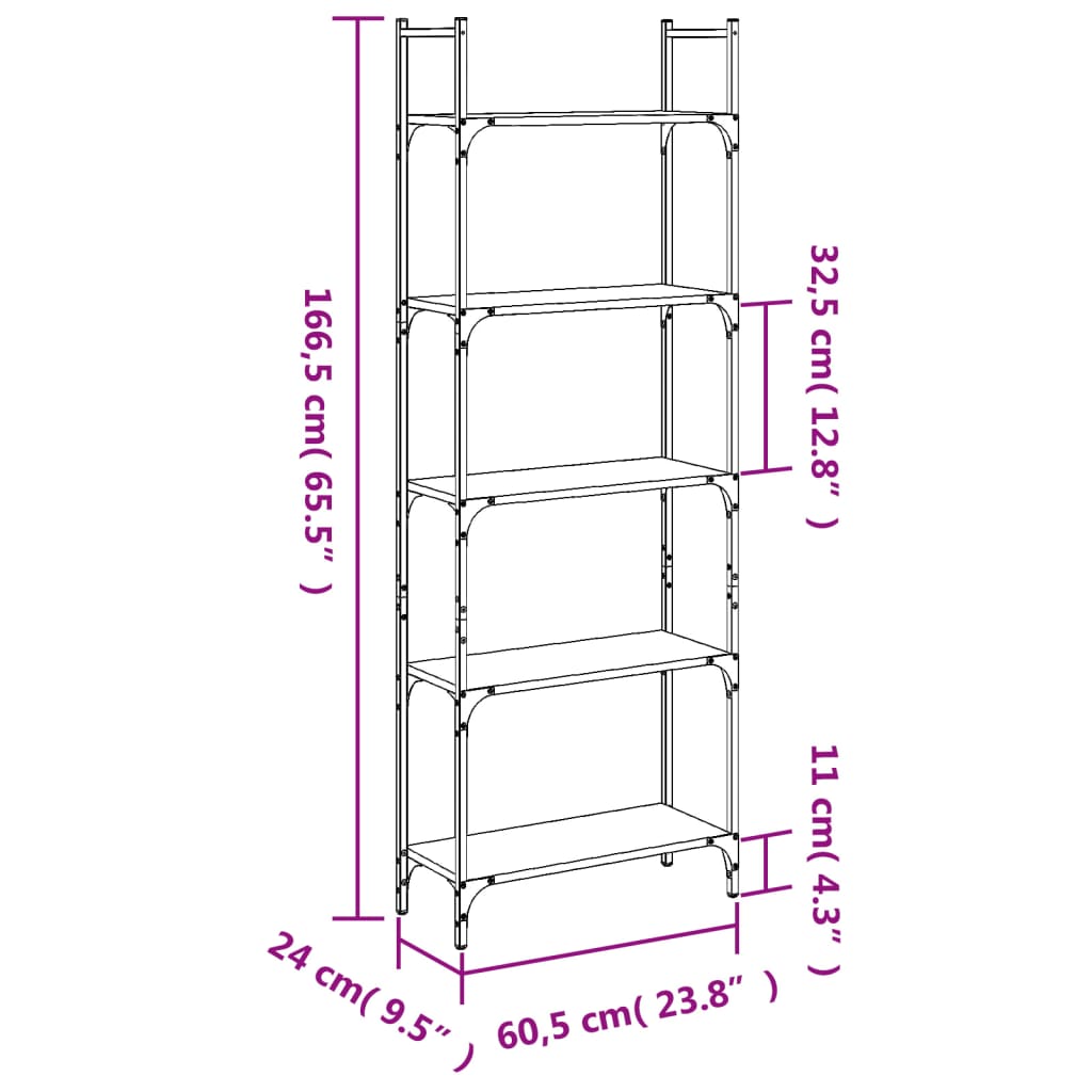 Knihovna S 5 Policemi Kouřový Dub 60,5 X 24 X 166,5 Cm Kompozit