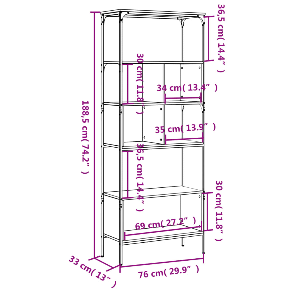 Knihovna S 5 Policemi 76 X 33 X 188,5 Cm Kompozit