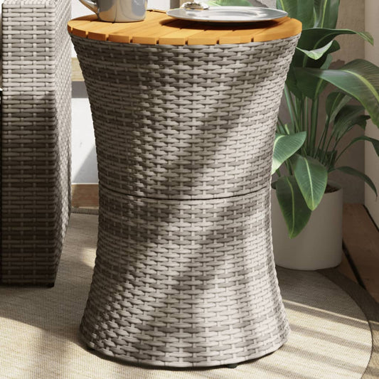 Zahradní odkládací stolek tvar bubnu šedý polyratan a masiv