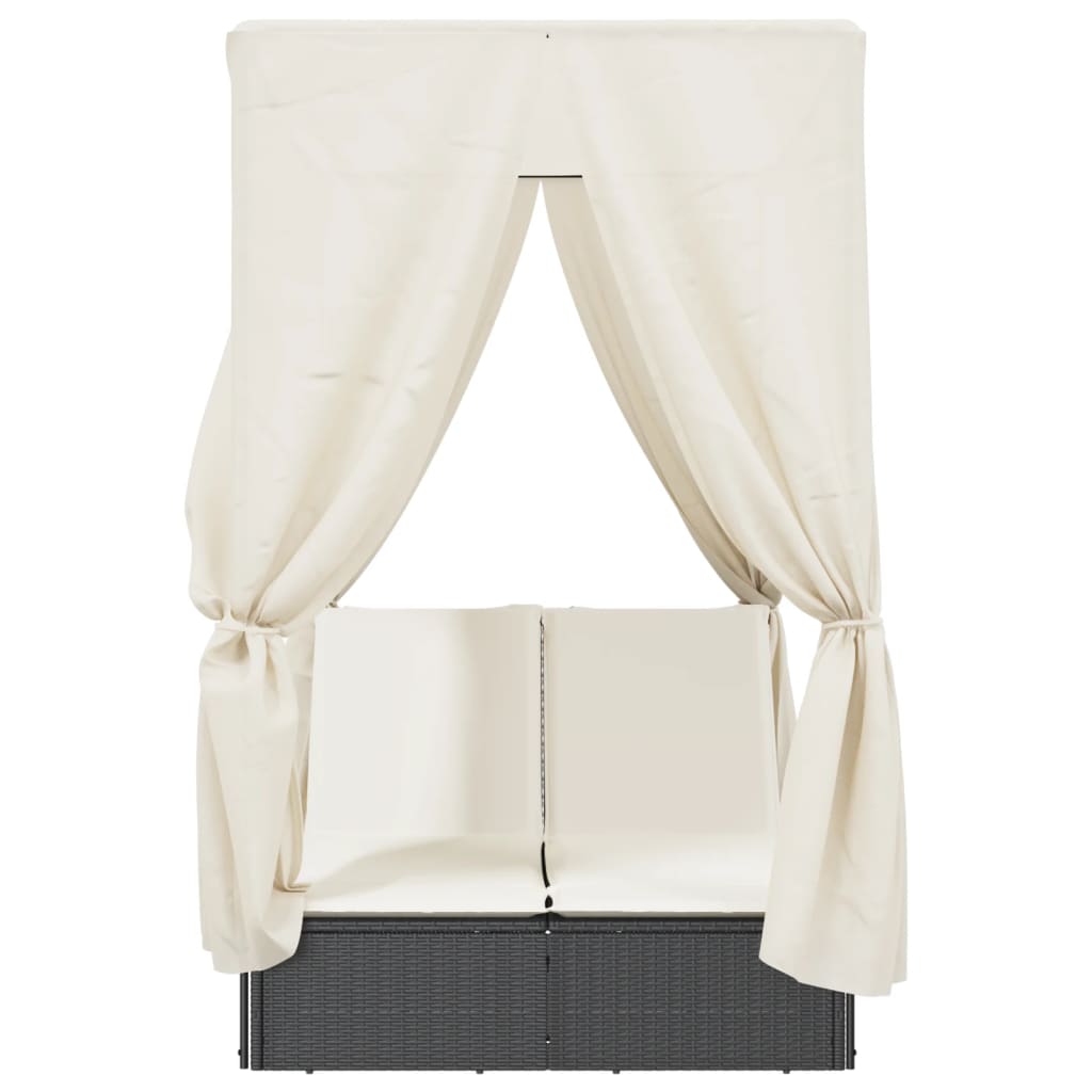 Dvojité Lehátko Se Střechou A Závěsy Černé Polyratan