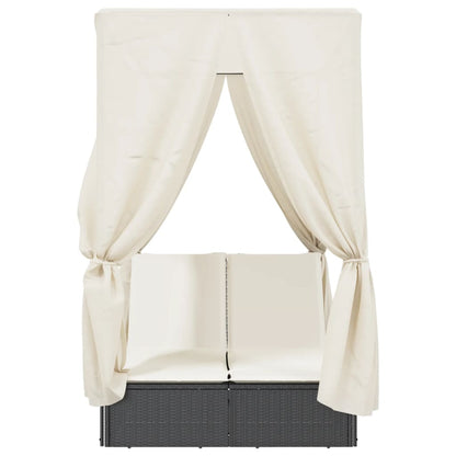 Dvojité Lehátko Se Střechou A Závěsy Černé Polyratan