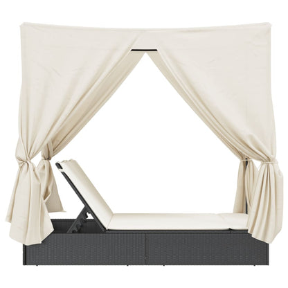 Dvojité Lehátko Se Střechou A Závěsy Černé Polyratan