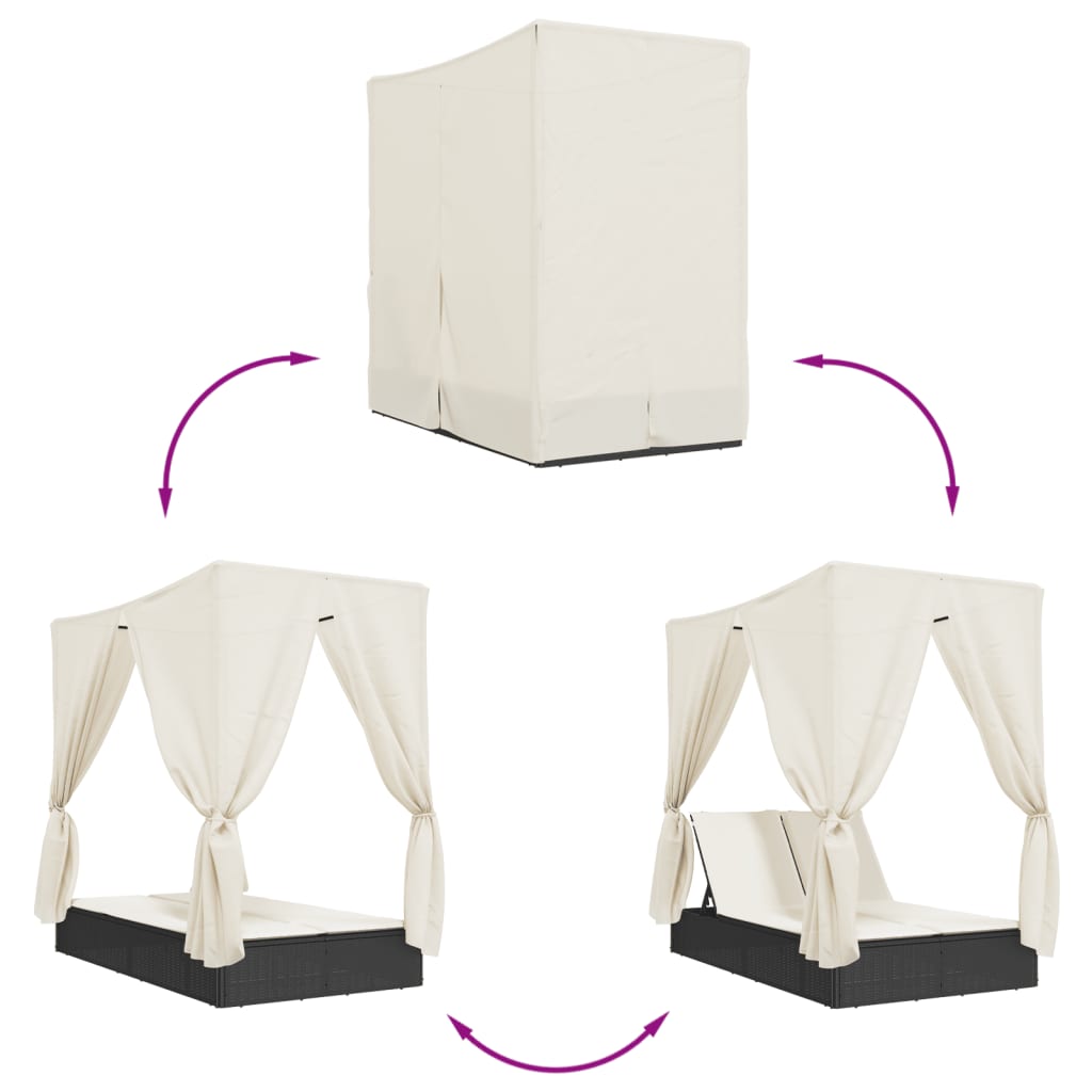 Dvojité Lehátko Se Střechou A Závěsy Černé Polyratan