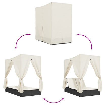 Dvojité Lehátko Se Střechou A Závěsy Černé Polyratan