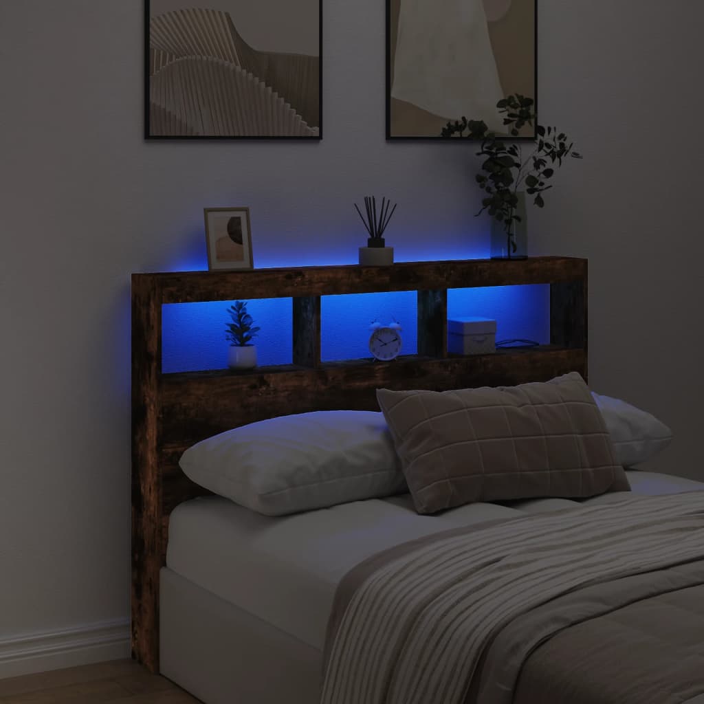 Čelo Postele S Úložným Prostorem A Led Kouřový Dub 140X17X102Cm