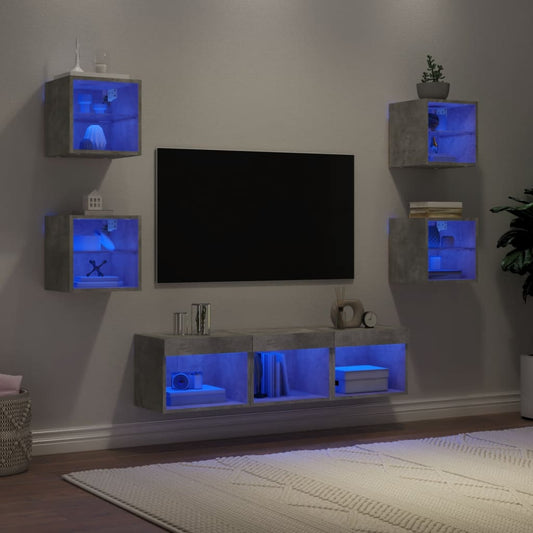 7dílná obývací stěna s LED betonově šedá kompozitní dřevo