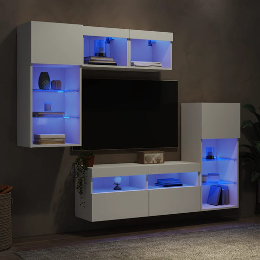 5Dílná Obývací Stěna S Led Osvětlením Bílá Kompozitní Dřevo