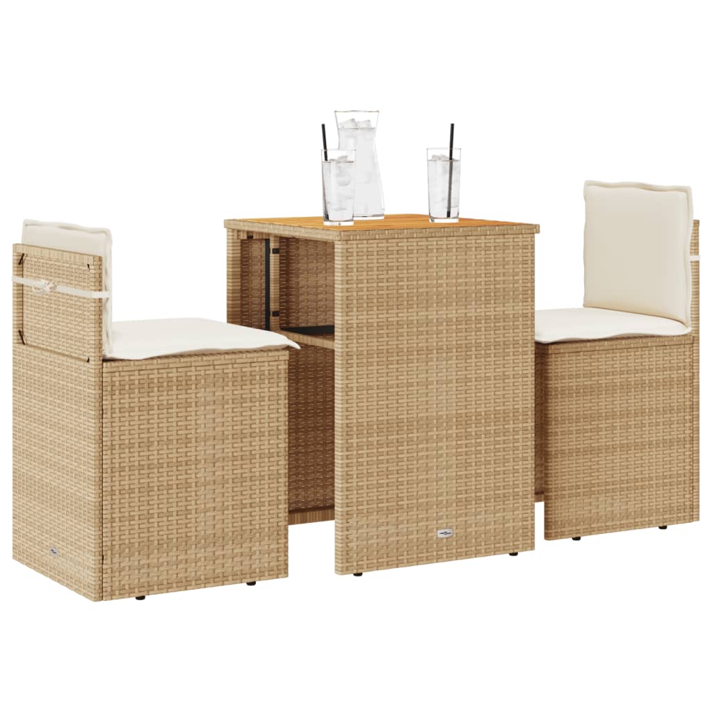 3Dílný Bistro Set S Poduškami Béžový Polyratan