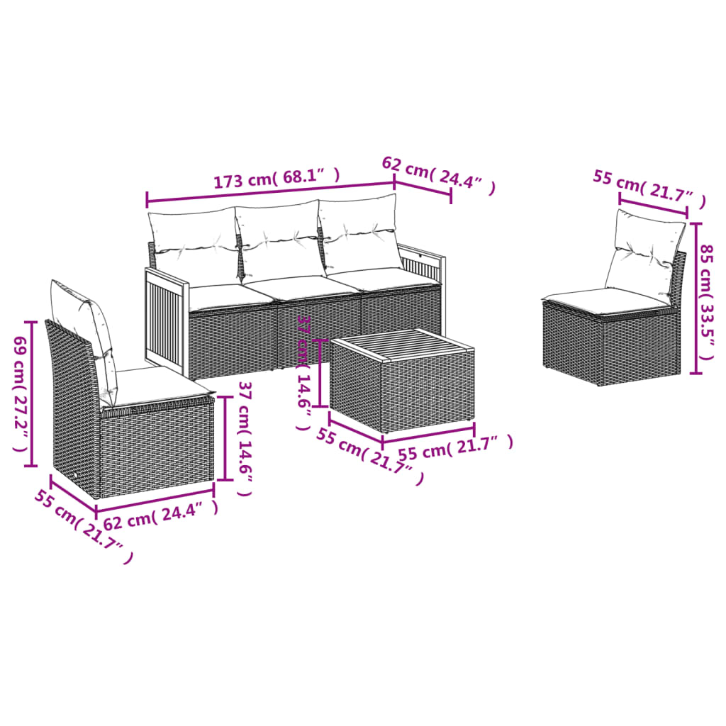 6Dílná Zahradní Sedací Souprava S Polštáři Šedá Polyratan