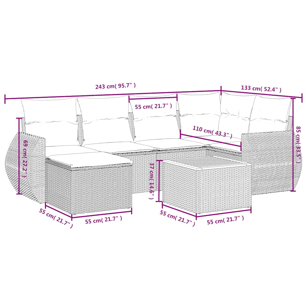 7Dílná Zahradní Sedací Souprava S Polštáři Černá Polyratan