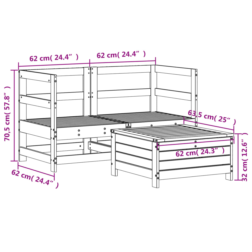 3Dílná Zahradní Sedací Souprava Masivní Borové Dřevo