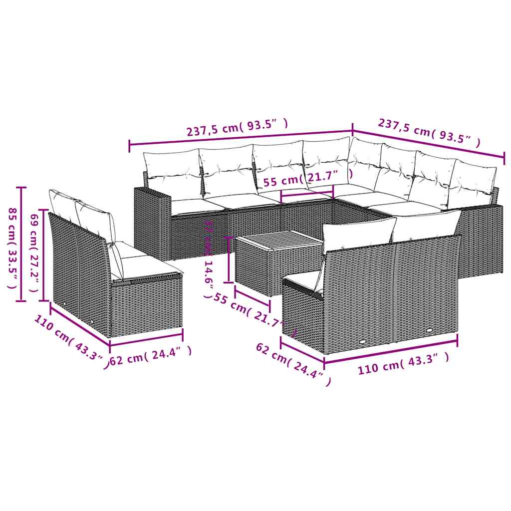12Dílný Zahradní Sedací Souprava S Poduškami Černý Polyratan