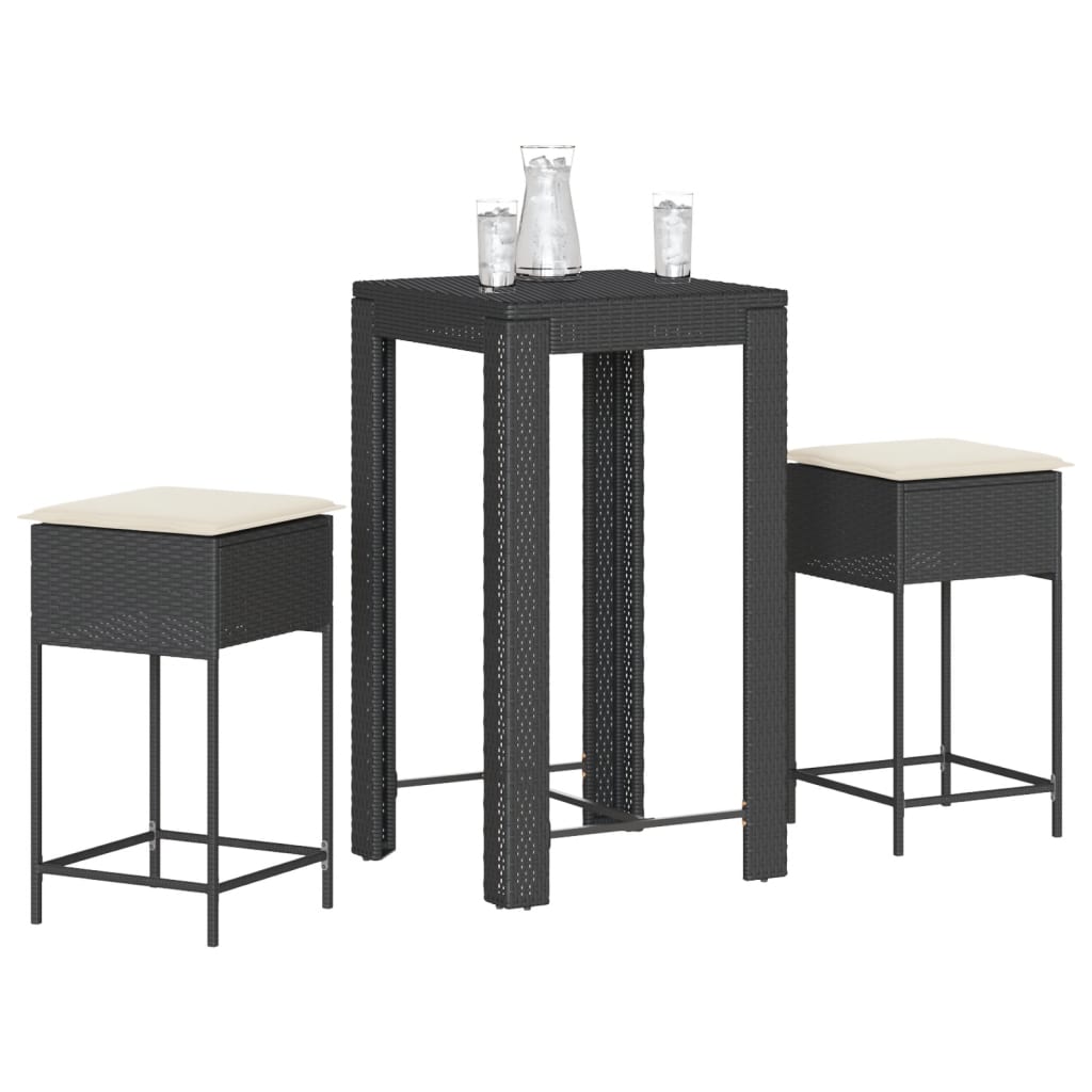 3Dílný Zahradní Barový Set S Poduškami Černý Polyratan